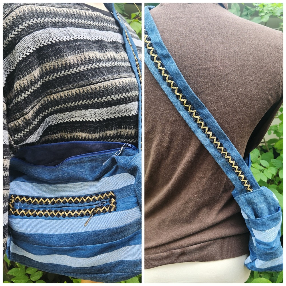 Denim y2kinspired Patchwork Striped Hobo CrossbodyBag Purse ZipClosure Handmade‎